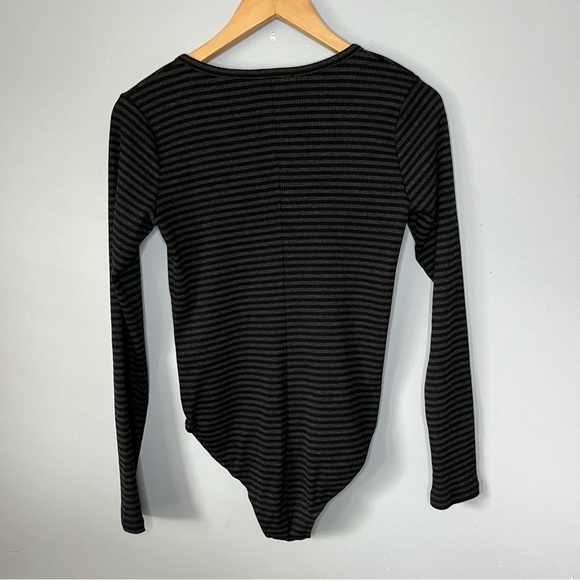HATCH The Ruthie Long Sleeve Charcoal Heather Black Stripe Bodysuit Sz 2/M NWT - Picture 11 of 16